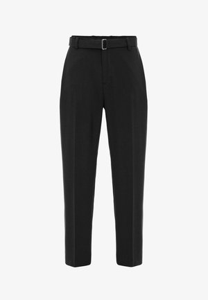 Black trousers with a straight leg design, featuring a belt and a smooth texture. Front and back pockets, neat stitching details.