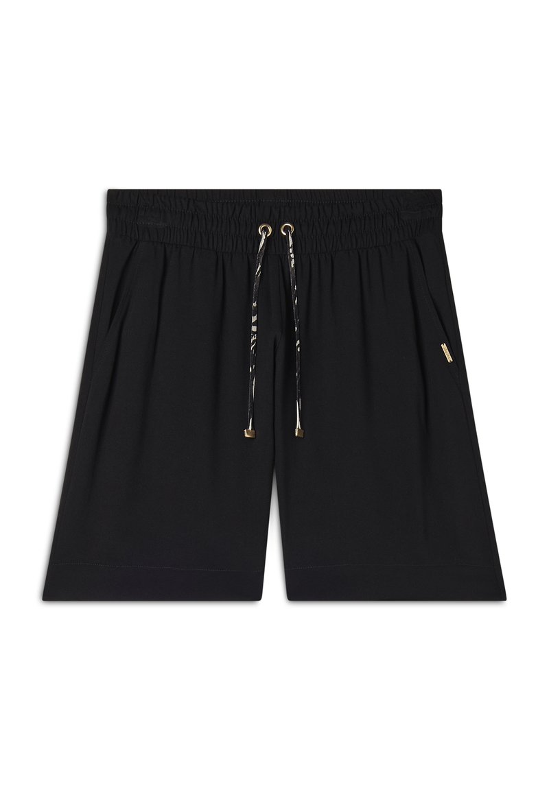 Pantalones cortos negros con cinturilla elástica, que cuentan con un cordón de ajuste con un lazo de diseño. Incluye bolsillos laterales y detalles de hardware en tono dorado.