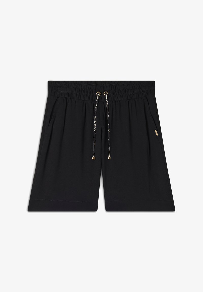 Pantalones cortos negros con cinturilla elástica, que cuentan con un cordón de ajuste con un lazo de diseño. Incluye bolsillos laterales y detalles de hardware en tono dorado.