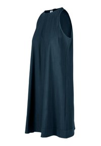 Sleeveless dress in dark blue fabric, relaxed fit, crew neckline, falls to mid-thigh, features a straight hem and minimalistic design.