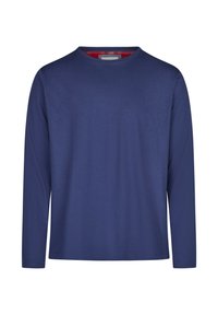 Camiseta de manga larga en algodón azul marino, con un cuello redondo y un acento de cuadros rojos en el interior del cuello. Textura suave.