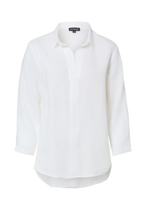 Weißes langärmeliges Hemd mit verdeckten Knöpfen und abgerundetem Saum, dargestellt vor einem schlichten weißen Hintergrund.