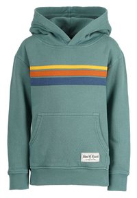 Vihreä huppari, jossa on kenguru-tasku, jossa on vaakasuoria raitoja keltaisena, oranssina ja sinisenä rinnan kohdalla. Valmistettu pehmeästä kankaasta.