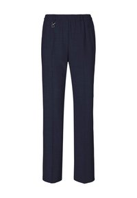 Marineblauwe, wijde broek gemaakt van lichtgewicht stof. Voorzien van een elastische tailleband met een metalen accent en een minimalistisch design.