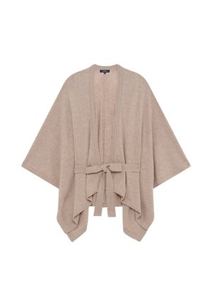 Beige wikkeljurk met brede mouwen, gemaakt van zacht materiaal. Voorzien van een strik aan de voorkant en een relaxte pasvorm, met een subtiele textuur en zonder patronen.