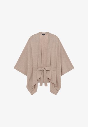 Cache-cœur beige à manches larges, en tissu doux. Doté d'une ceinture à nouer à l'avant et d'une coupe décontractée, avec une texture subtile et sans motifs.