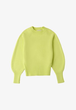 Limoengroene gebreide trui met een ribbelboord aan de onderkant en mouwen, voorzien van raglanmouwen en een ronde halslijn, met een gladde textuur en zonder patronen.