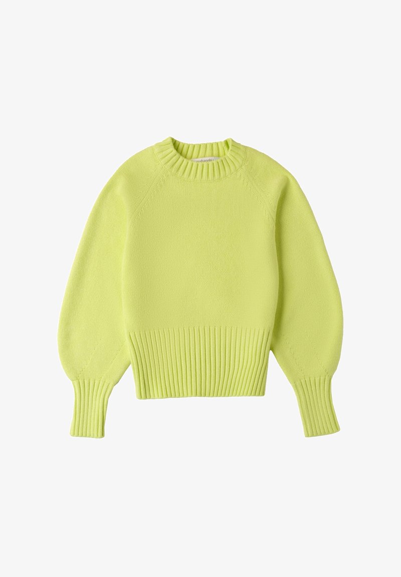 Zielony sweter z dzianiny w odcieniu limonki, z prążkowanym wykończeniem u dołu i przy rękawach, posiadający rękawy raglanowe i okrągły dekolt, o gładkiej teksturze i bez wzorów.