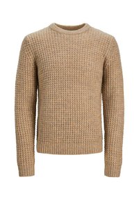 Pull en maille texturée beige avec un col rond et des poignets et un ourlet côtelés. Fabriqué dans un tissu tricoté chaud avec un motif.
