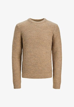 Pull en maille texturée beige avec un col rond et des poignets et un ourlet côtelés. Fabriqué dans un tissu tricoté chaud avec un motif.