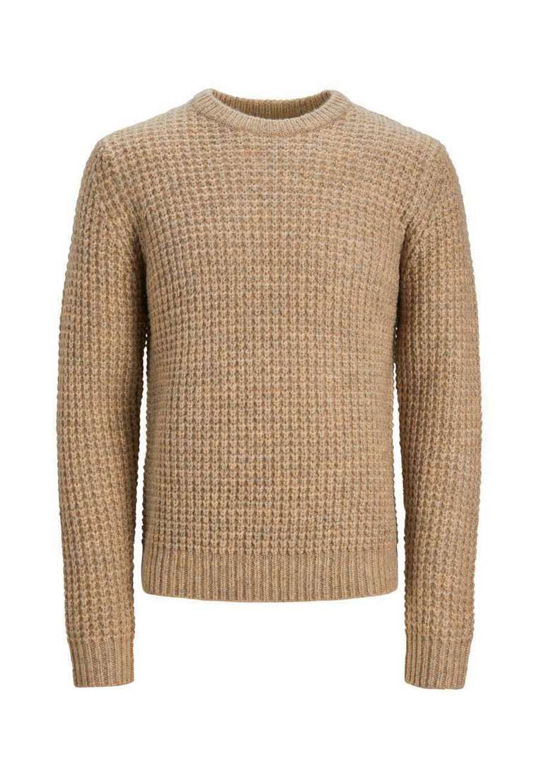 Pull en maille texturée beige avec un col rond et des poignets et un ourlet côtelés. Fabriqué dans un tissu tricoté chaud avec un motif.