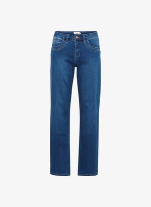 Blue denim jeans with a straight leg design, featuring a front button closure, subtle stitching details, and side pockets.