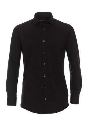 Zwarte lange mouwen shirt van zachte stof, met een klassieke kraag, knoopsluiting aan de voorkant en een getailleerde pasvorm met zichtbare stiksel details.