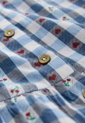 Sinise ja valge ruuduline riie lillelise tikkimise ja punaste südamekujunditega. Omab pruune nööpe ja kogutud õmbluse detaili.