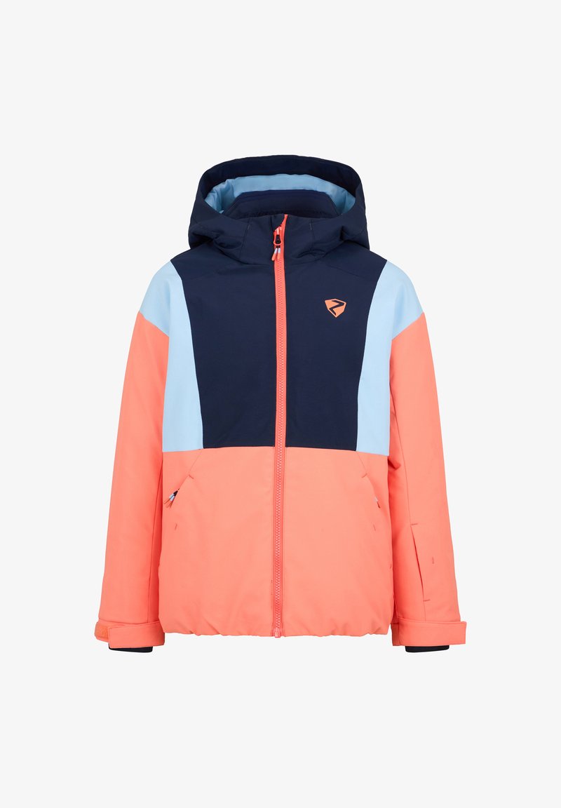Colorful insulated jacket featuring a hood, a mix of navy blue, light blue, and coral panels, with a front zipper and logo detail.