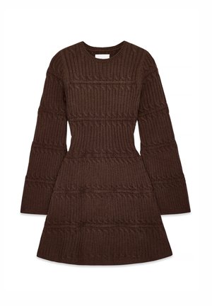 Braunes gestricktes Kleid mit langen Ärmeln, verfügt über eine gerippte Textur und eine ausgestellte Silhouette. Rundhalsausschnitt, verziert mit horizontalen Mustern.
