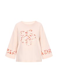 Helles rosa Sweatshirt mit floralem Muster, das ein zentrales Blumenmotiv und florale Akzente an den Ärmeln aufweist. Bequemer Schnitt, weicher Stoff.
