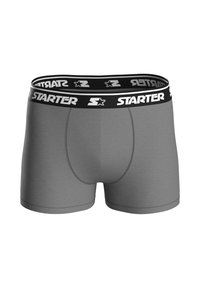 Gray boxer briefs with a black elastic waistband featuring the "STARTER" logo printed in white. Smooth texture, fitted design.