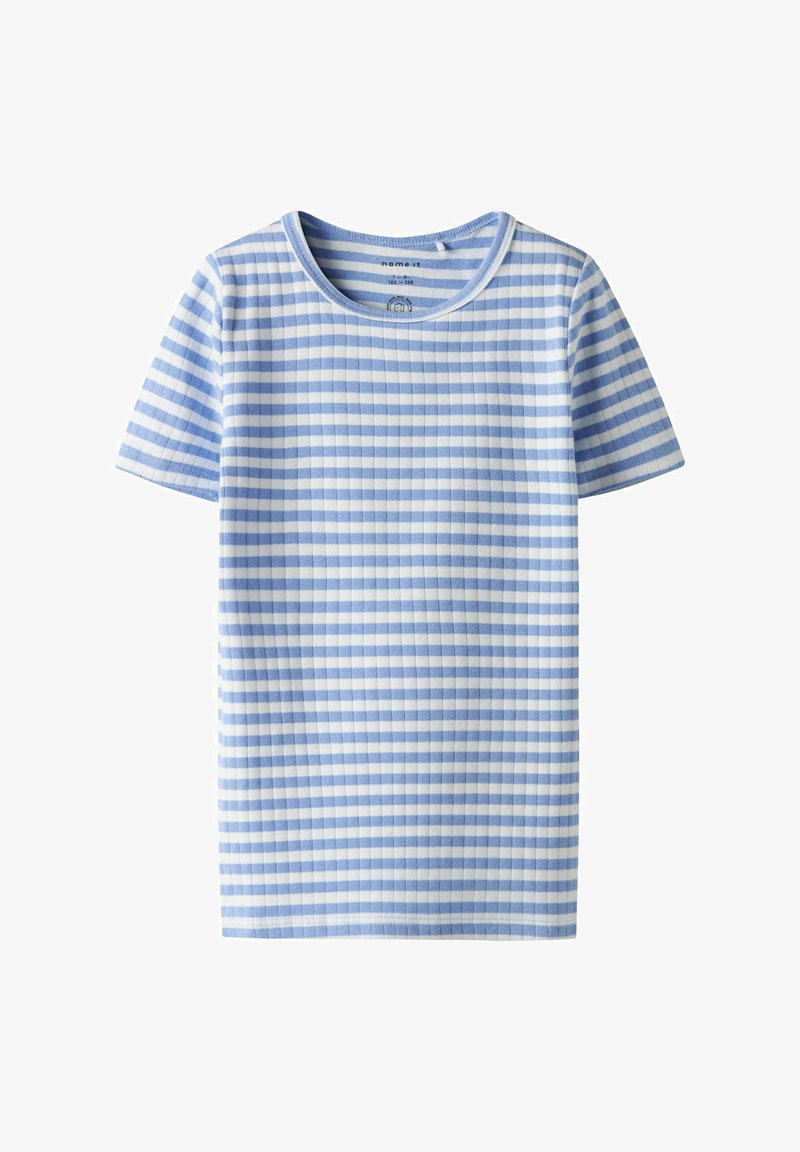 Lühikeste sleevesaine ribikangast, millel on vahelduvad heledad ja tumedad sinised triibud, ümmargune kaelus ja kerge tekstuur.