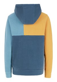 Giacca di felpa con cappuccio caratterizzata da un design a patchwork nei colori blu chiaro, blu scuro e giallo senape. Texture morbida con tasca a marsupio.