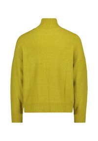 Gelber Strickpullover mit hohem Kragen, lockerer Passform, abgesenkten Schultern und gerippten Bündchen und Saum. Sanfte Textur.