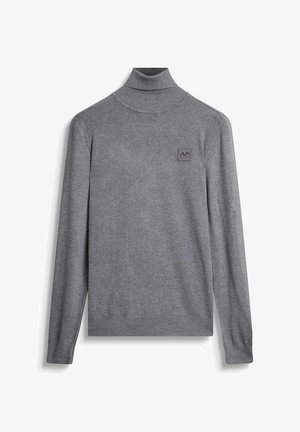 Maglione grigio a maniche lunghe con collo a imbuto, caratterizzato da una finitura testurizzata e un piccolo logo sulla parte anteriore. Presenta polsini e orlo aderenti.