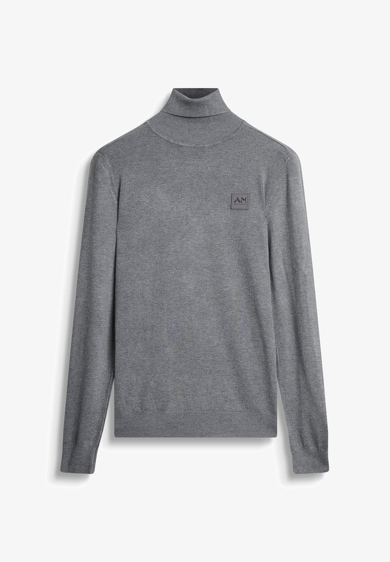 Grijze langjaars turtlenecktrui met een gestructureerde afwerking en klein logo-opdruk op de borst. Heeft aansluitende boorden en onderrand.