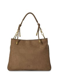 Sac fourre-tout en suede marron de forme structurée, doté de deux anses en corde avec des finitions en métal doré et d'un petit logo embossé à l'avant.