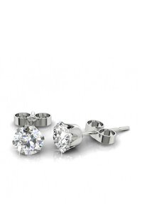 Silberne Steckerohrringe mit runden, funkelnden klaren Edelsteinen, die in einer schlanken, polierten Metallbasis mit einem schlichten Design gefasst sind.