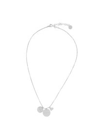 Collana in argento con tre pendenti: due dischi rotondi con incisioni e un pendente a forma di cuore. Design semplice, finitura lucida.