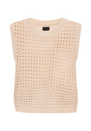Gebreide mouwloze top in een lichte beige kleur, voorzien van een geperforeerd ontwerp met een ronde hals en een ribgebreide zoom. De textuur is ademend en los.