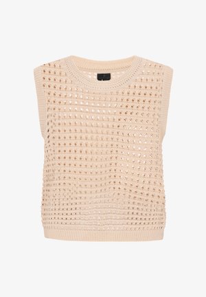 Kootud ilma varrukateta topp helesbeezis värvuses, millel on perforatsiooniga disain, ümmargune kaelus ja soonikserv. Tekstuur on hingav ja lõtv.