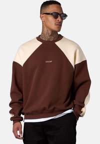 Brown sweatshirt with cream raglan sleeves, featuring a crew neck and embroidered logo on chest. Smooth texture and relaxed fit.