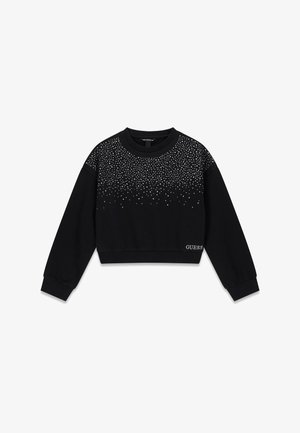 Felpa nera corta con maniche lunghe, caratterizzata da un gradiente di piccoli strass nella parte superiore e un logo sull'orlo.