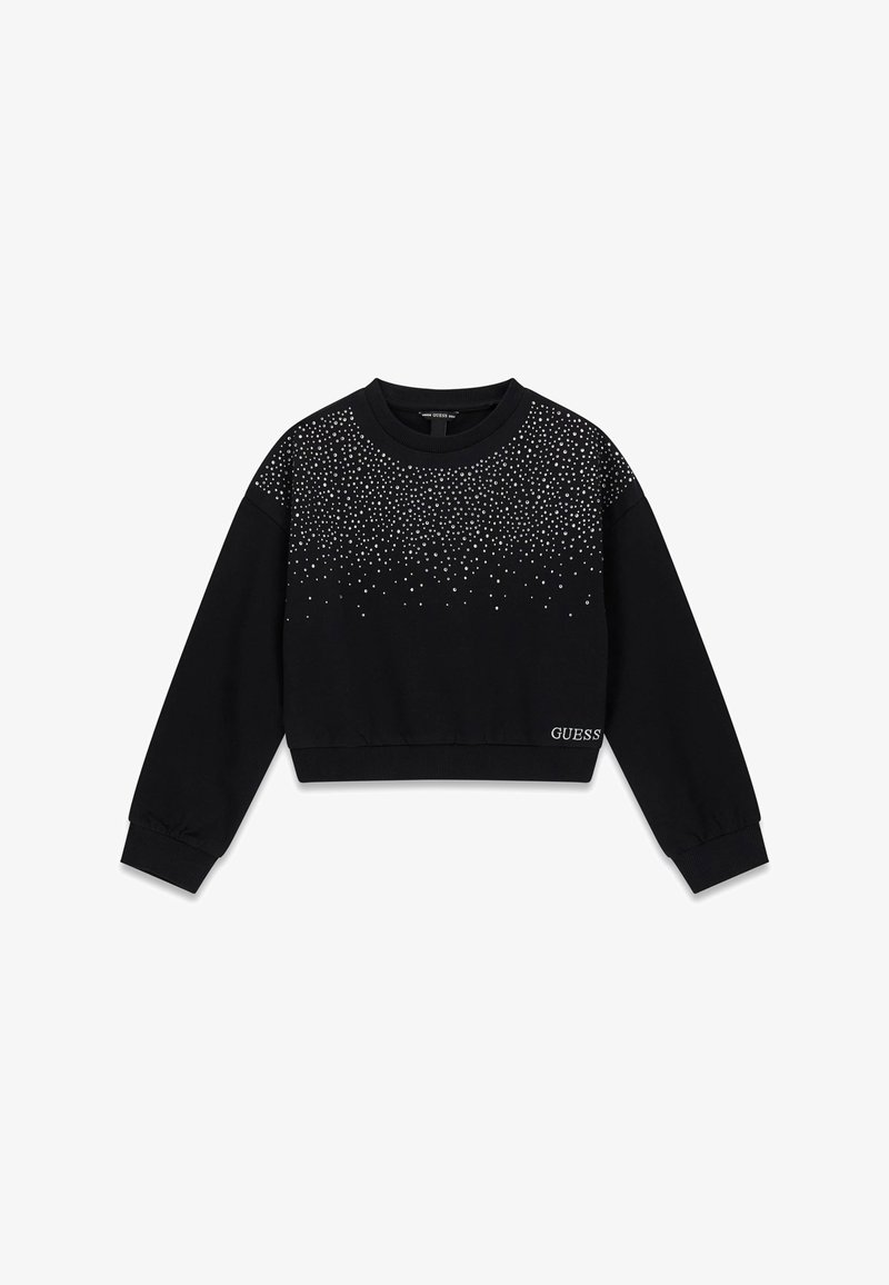 Sweat-shirt crop noir à manches longues, avec un dégradé de petits strass en haut et un logo sur l'ourlet.