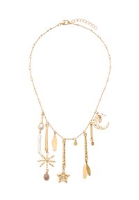Naszyjnik w odcieniu złota z różnymi charmsami: półksiężyc, gwiazda, pająk oraz kamienie, o teksturowanym i gładkim wykończeniu, z regulowanym łańcuszkiem.