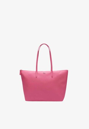 Borsa tote sintetica rosa con doppie tracolle, chiusura a zip e logo impresso sul fronte. Texture liscia, forma rettangolare.