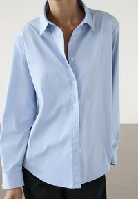 Light blue button-up shirt with a collared neckline, long sleeves, a relaxed fit, and a smooth fabric texture. Features subtle vertical stripes.