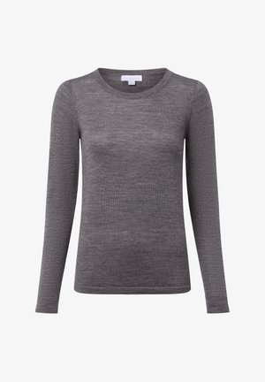 Maglietta grigia a maniche lunghe realizzata in morbido tessuto con collo rotondo, caratterizzata da una texture liscia e dettagli di cucitura minimi.