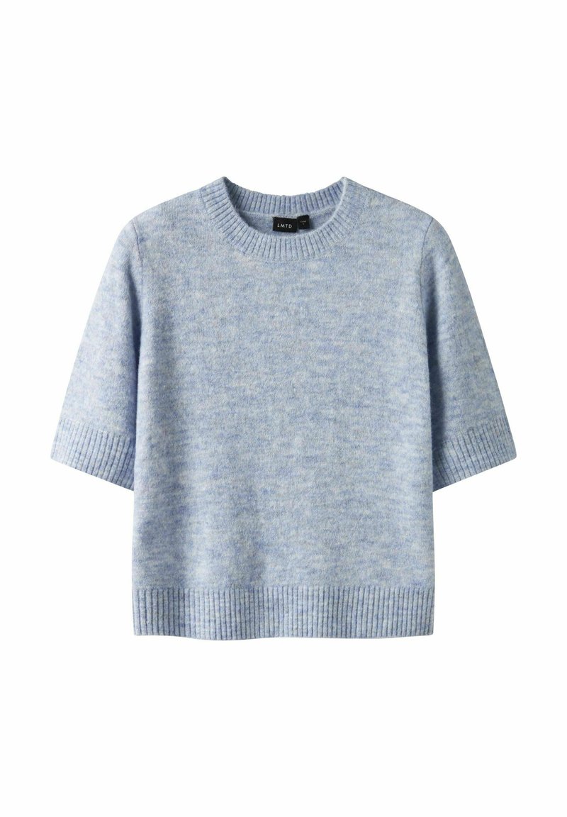 Hellblaues, kurzärmliges Sweatshirt aus weichem Strickmaterial, mit rundem Ausschnitt und gerippten Bündchen und Saum.