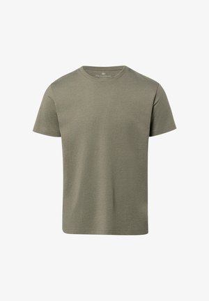 Plain olive green short-sleeve crew neck t-shirt with a regular fit, no visible logos or patterns.