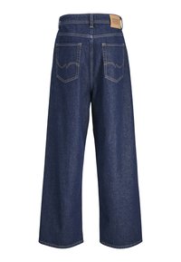 Jeans en denim noir à jambes larges avec une taille haute, présentant des poches arrière et une étiquette de marque au niveau de la taille, affichés de dos.
