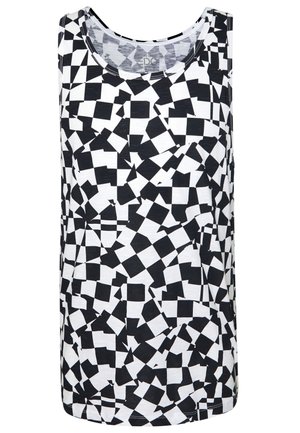 Canottiera bianca e nera con un motivo geometrico di varie forme quadrate. Tessuto liscio con scollatura rotonda classica e design senza maniche.