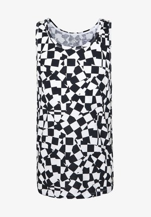 Canottiera bianca e nera con un motivo geometrico di varie forme quadrate. Tessuto liscio con scollatura rotonda classica e design senza maniche.