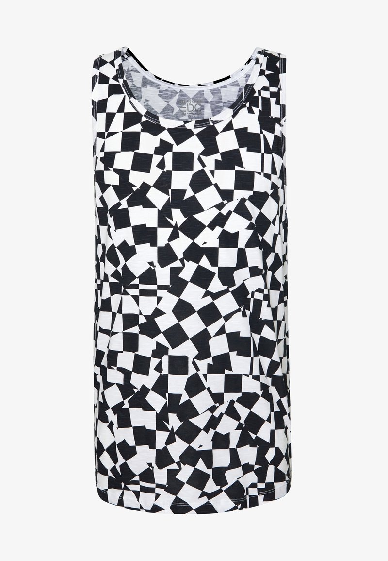 Canottiera bianca e nera con un motivo geometrico di varie forme quadrate. Tessuto liscio con scollatura rotonda classica e design senza maniche.