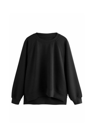 Svart sweatshirt med rund halsringning, raglanärmar och en böljande nederkant. Jämn textur, tillverkad av mjukt material, med sänkt axel.