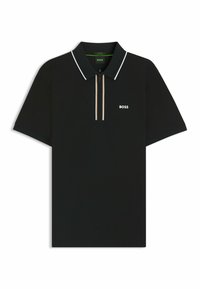 Schwarzes Poloshirt aus Baumwolle mit einem Reißverschluss am Kragen, weißen Akzentstreifen am Kragen und einem kleinen weißen Logo auf der Brust.