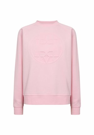 Hanorac roz deschis, cu guler rotund, mâneci lungi și logo circular în relief centrat pe piept.