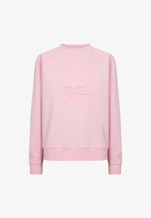 Sudadera de cuello redondo de color rosa claro con mangas largas y un logotipo circular en relieve centrado en el pecho.