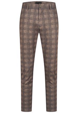 Pantaloni slim fit marroni con motivo a quadri verticale, chiusura con bottoni, passanti per cintura e due tasche anteriori.